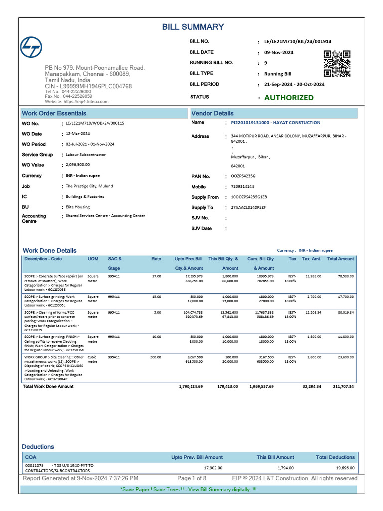 L&T Running Bill Summary 001914 | PDF | Payments