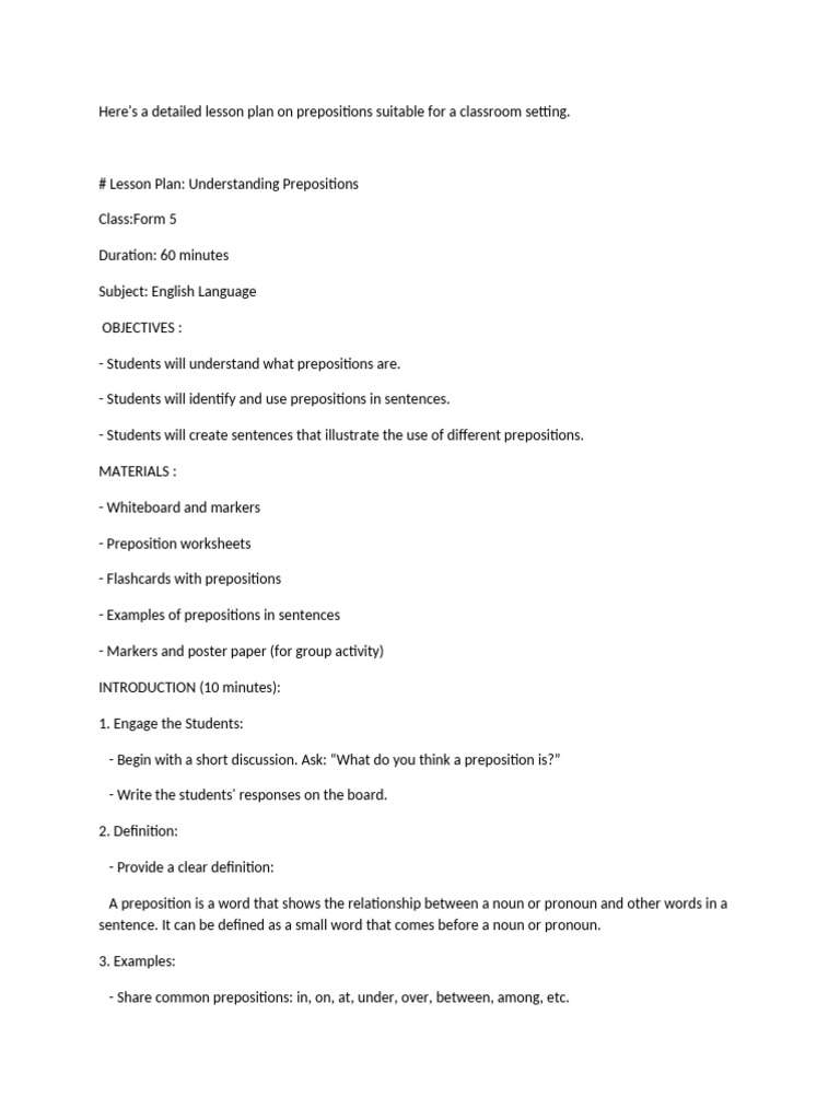 Lesson Plan on Prepositions for KS2 | PDF | Preposition And ...