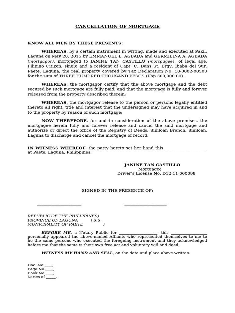 Mortgage Cancellation Agreement | PDF | Law