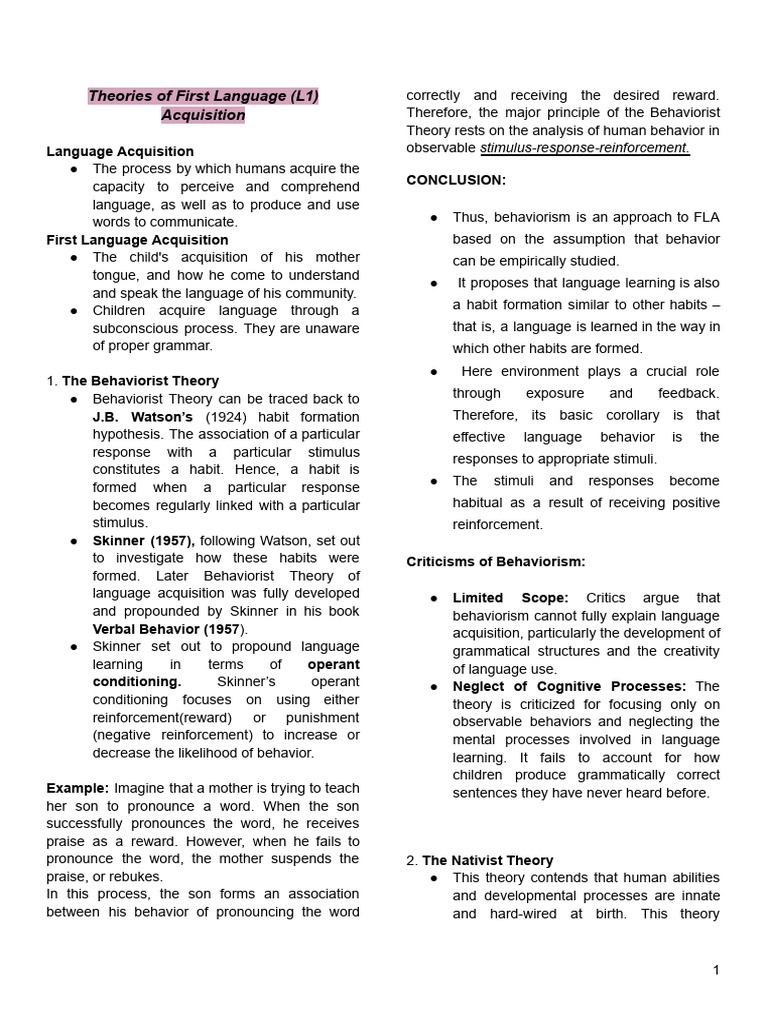 Theories and Stages of First LA | PDF | Language Acquisition | Behaviorism