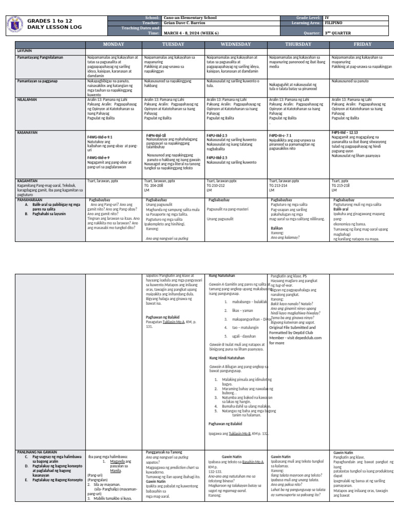DLL - FILIPINO 4 - Q3 - W6edited | PDF