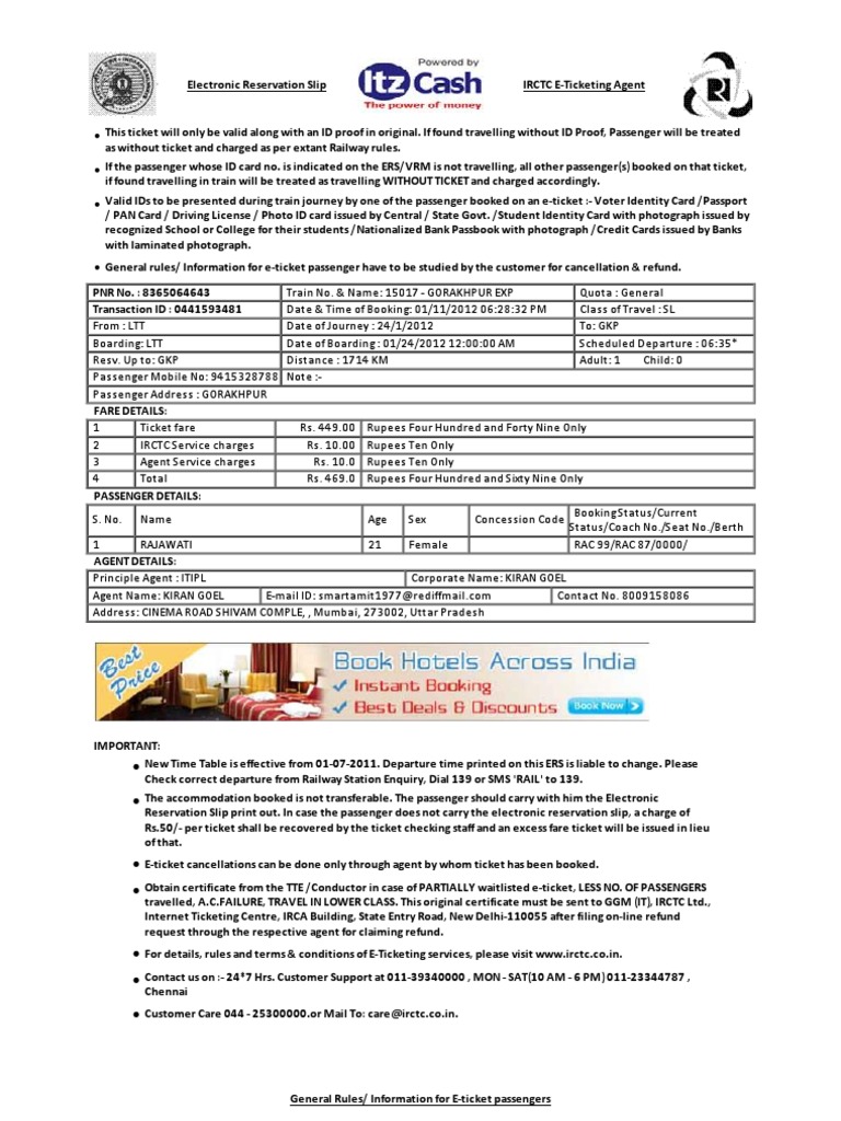 IRCTC E-Ticket Reservation Details | PDF | Identity Document | Ticket ...