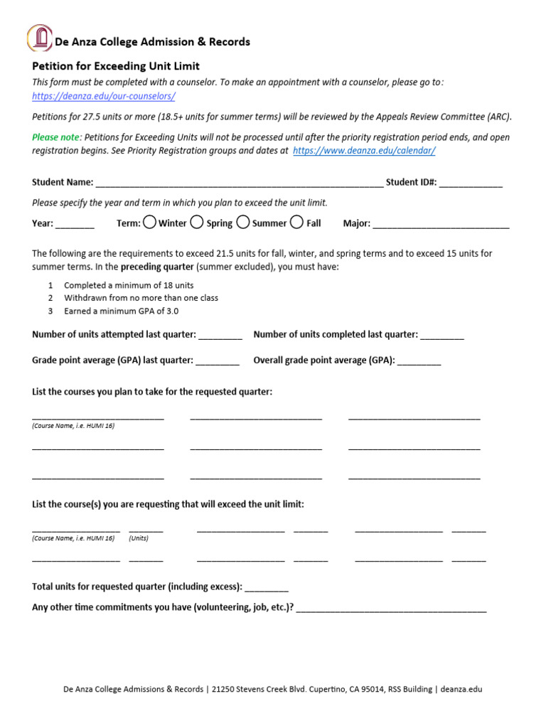 Petition to Exceed Unit Limit at De Anza | PDF