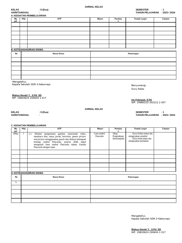 Jurnal Harian Kelas 2 Semester 1 | PDF