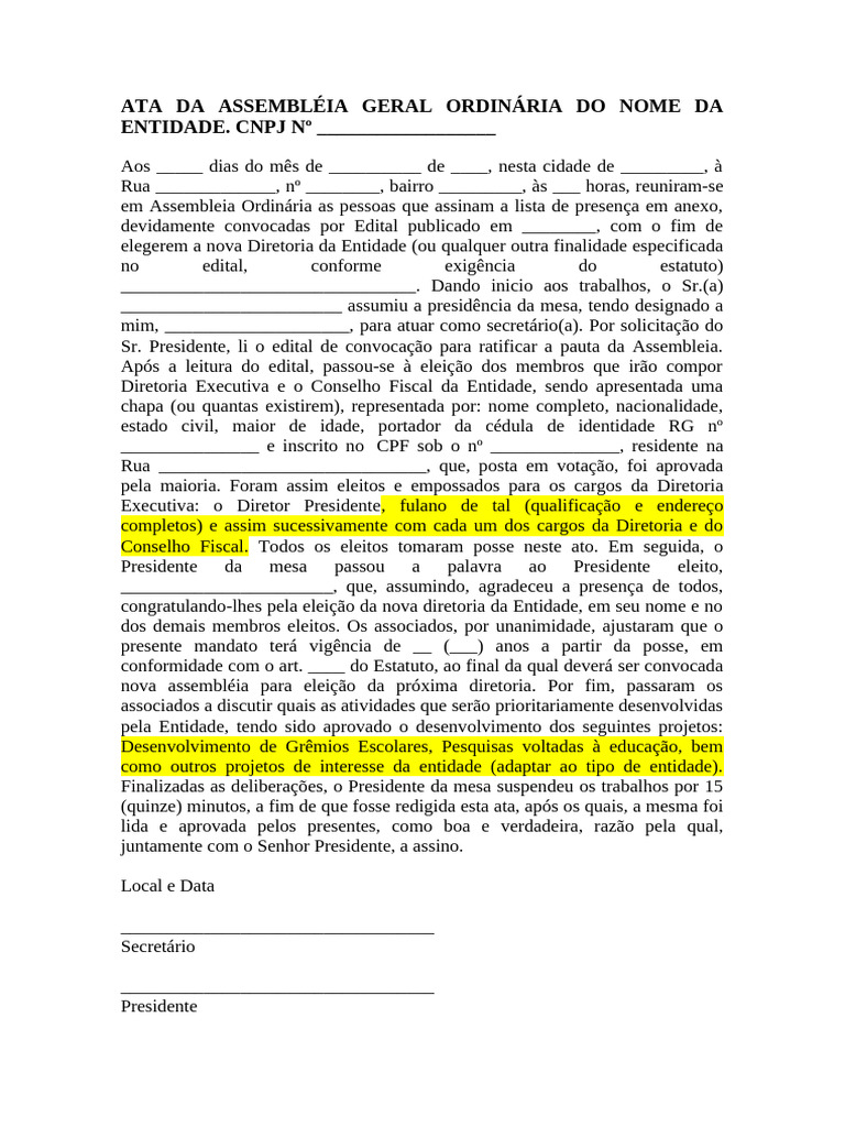 Ata da Assembleia Geral Ordinária | PDF | Eleições | Governo