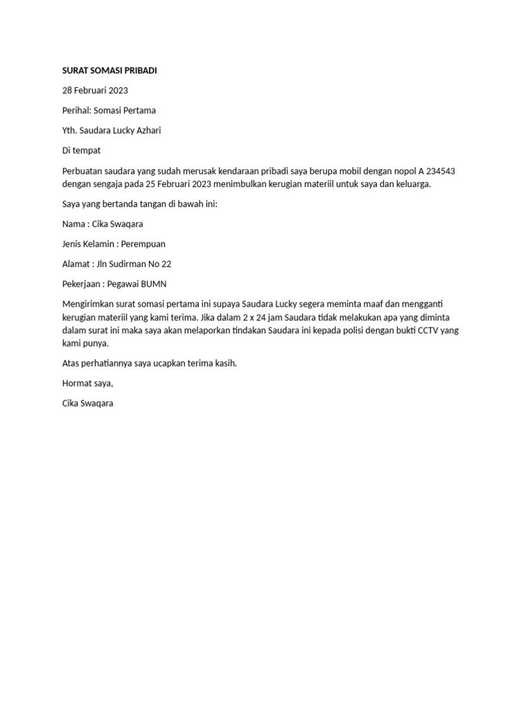 Contoh Surat Somasi Pribadi Terbaru | PDF
