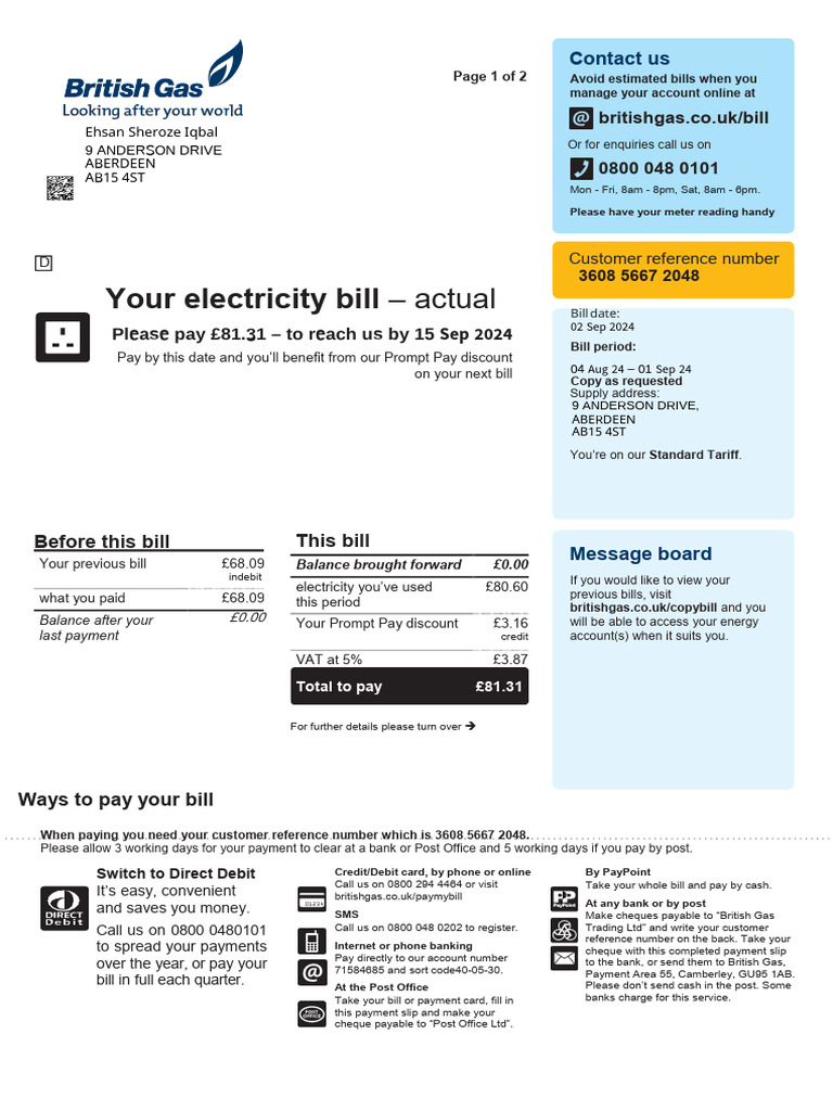 British Gas Electricity Bill Details | PDF | Payments | Cheque