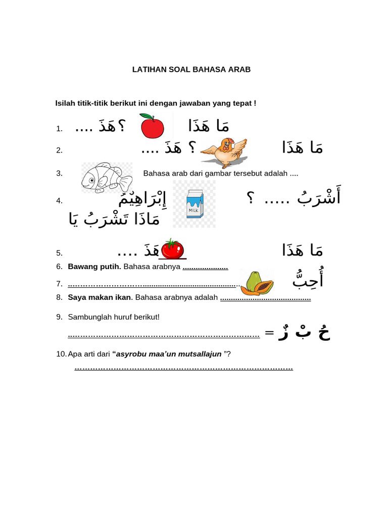 Latihan Soal Bahasa Arab Kelas 1-2 | PDF | Seni & Disiplin Bahasa ...