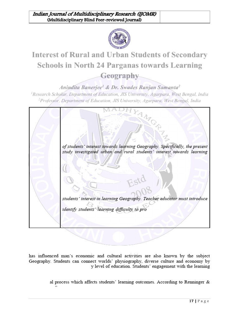 Interest of Rural and Urban Students of Secondary Schools in North 24 ...