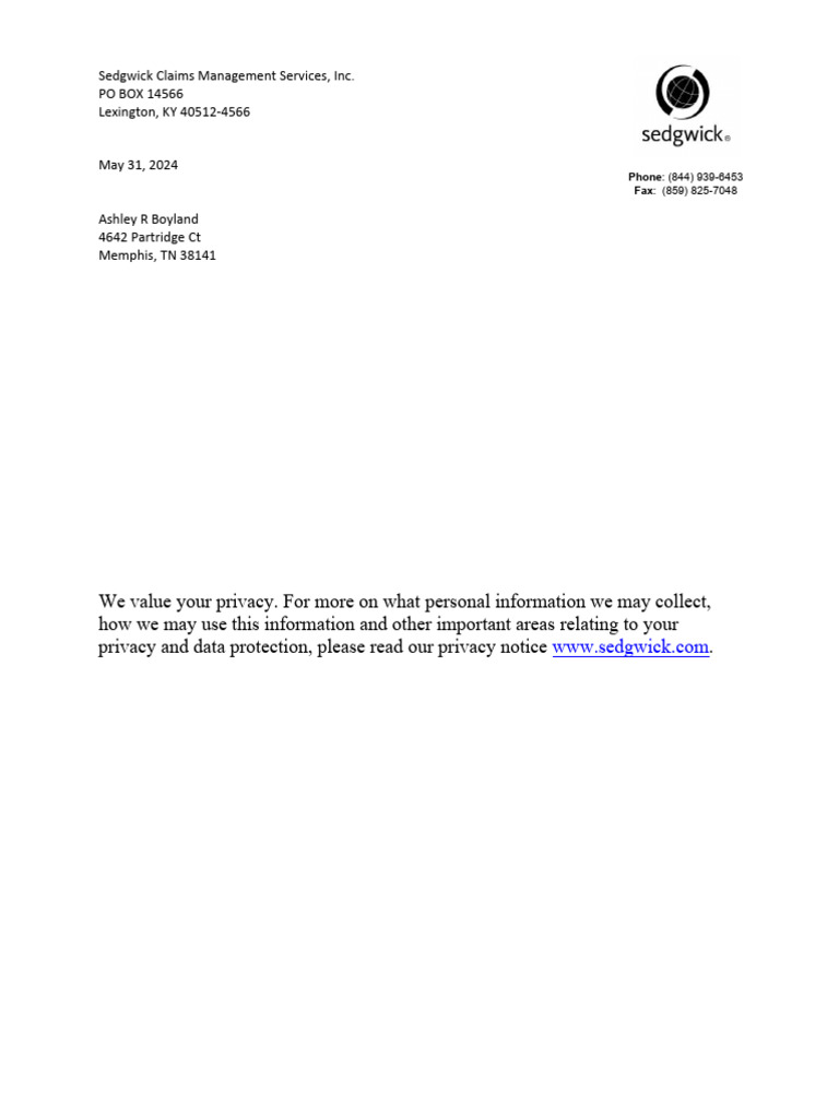 Sedgwick Claims Management Services, Inc. PO BOX 14566 Lexington, KY