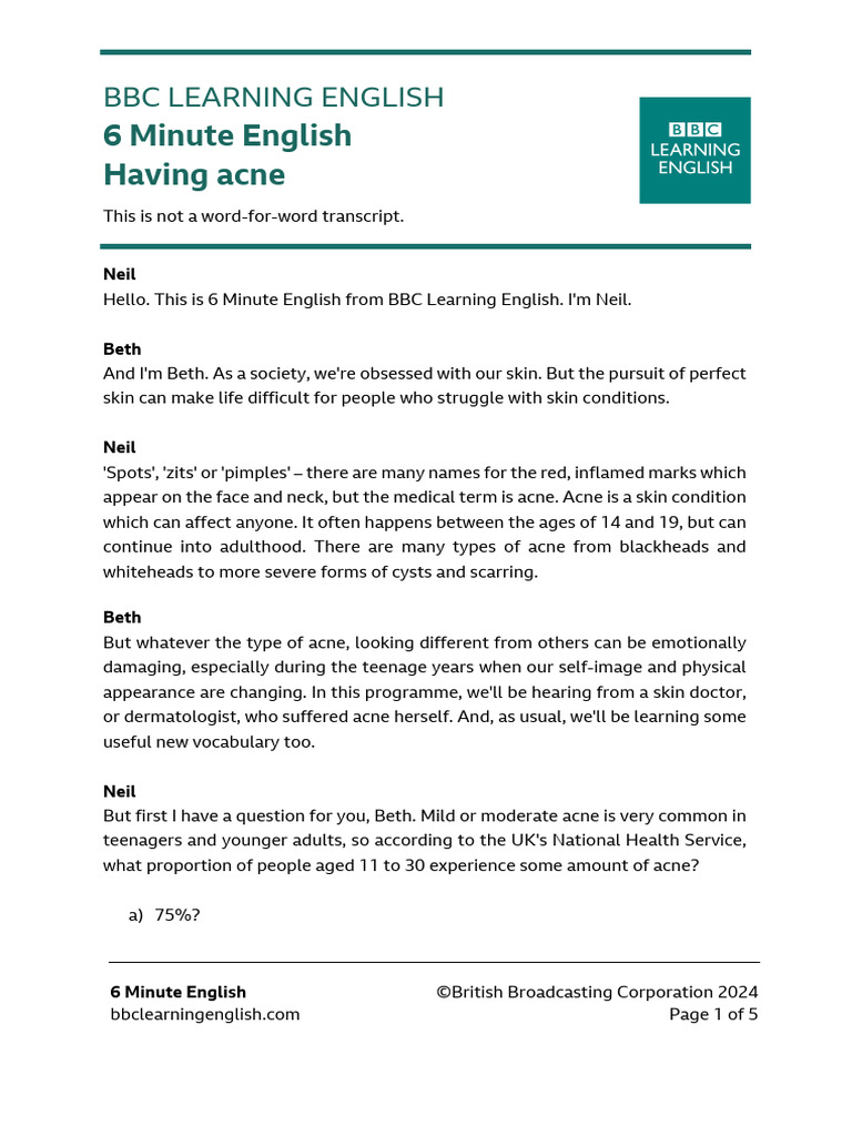6 Minute English Having Acne | PDF | Pimple | Adolescence