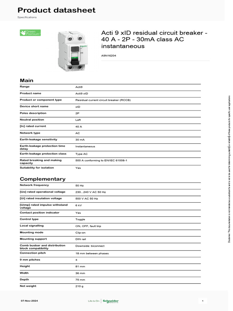 Acti 9 xID RCCB 40A 2P 30mA | PDF | Alternating Current | Electrical ...
