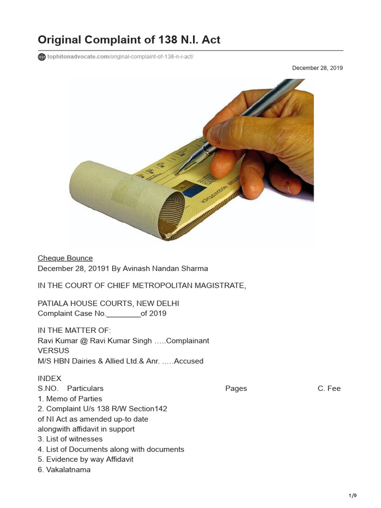 Original Complaint of 138 NI Act | PDF | Cheque | Affidavit