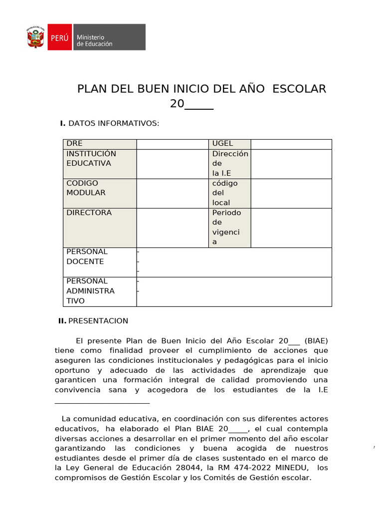 Plan Buen Inicio Del Año Escolar 2023 | PDF | Educación primaria ...