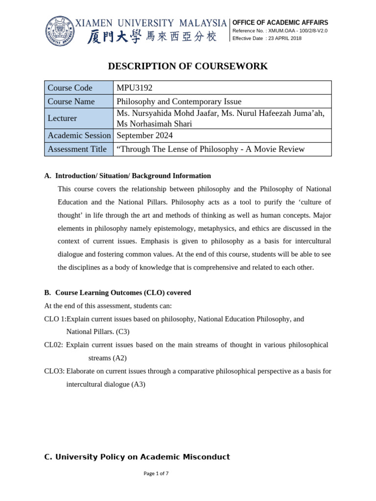 Individual Description of Coursework (Through The Lens of Philosophy ...