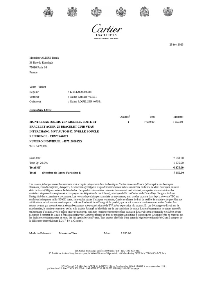 Facture Montre Cartier Santos | PDF | Taxe sur la valeur ajoutée | Impôts