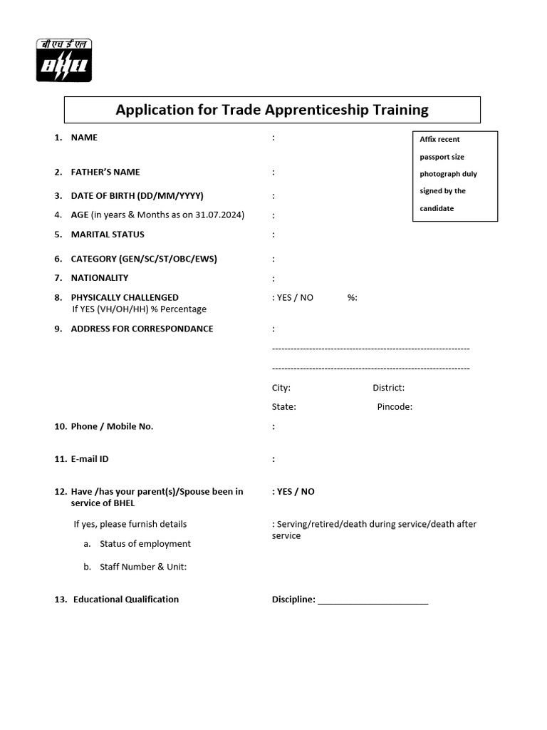 BHEL Ranipet Apprentice Application Form | PDF