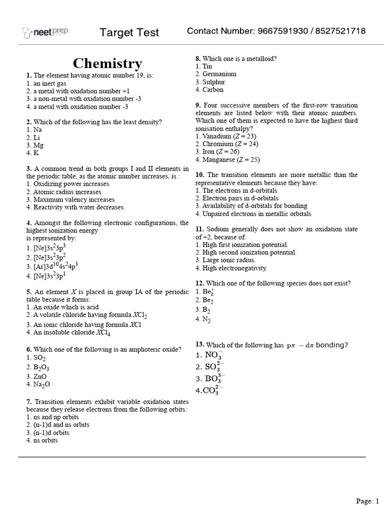 Chemistry Exam Questions and Answers | PDF | Chemical Bond | Atomic