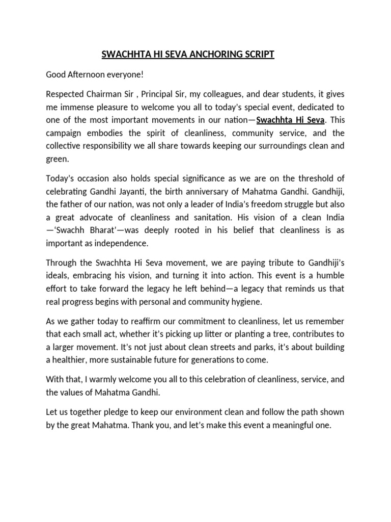 Anchoring Script On Swachhta Hi Seva | PDF | Mahatma Gandhi
