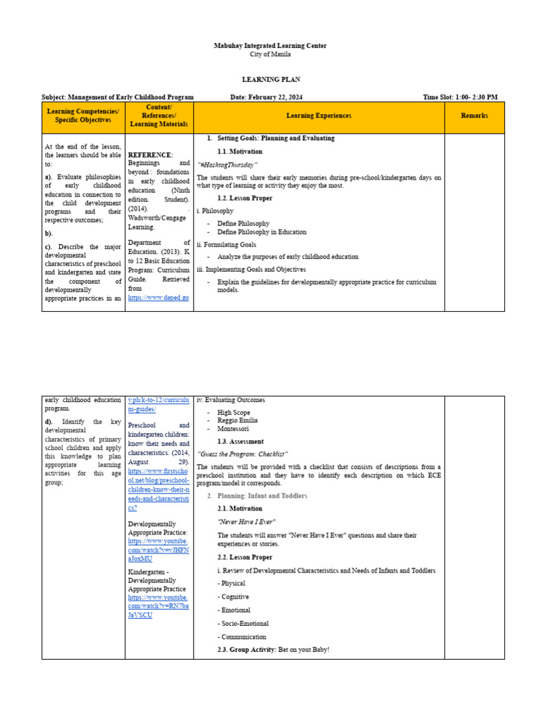Management Lesson Plan | PDF | Preschool | Kindergarten