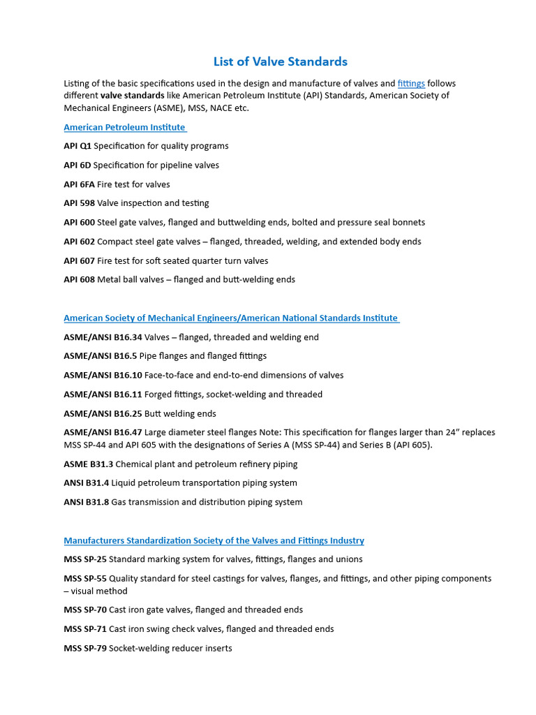 List of Valve Standards | PDF | Valve | Mechanical Engineering