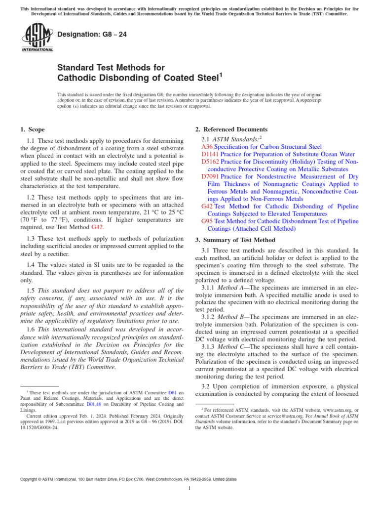 Cathodic Disbonding of Coated Steel: Standard Test Methods For | PDF ...