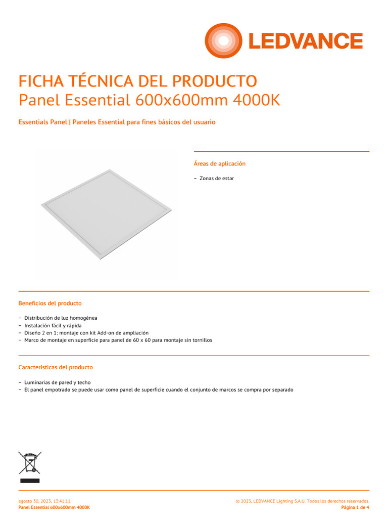 BB Panel Led Empotrable X W Luz Neutra Ledvance 25051909 Techsheetsup ...