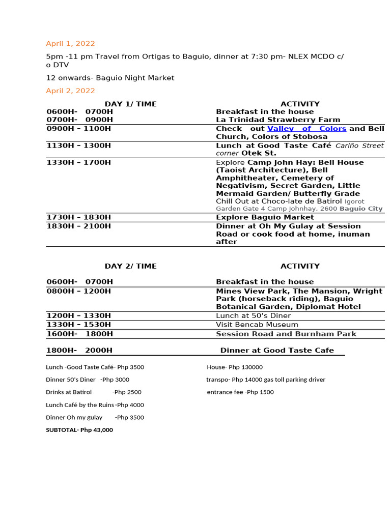baguio itinerary | PDF | Food And Drink Preparation | Western Cuisine