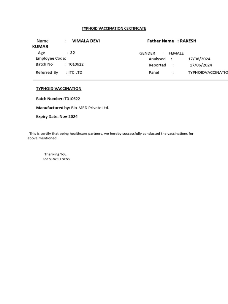 Typhoid Vaccination Certificate | PDF