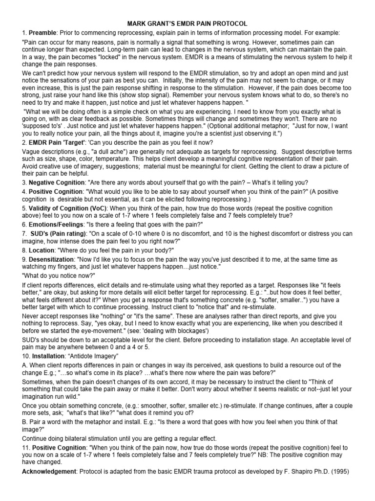 EMDR Pain Protocol by Mark Grant | PDF | Pain | Eye Movement ...