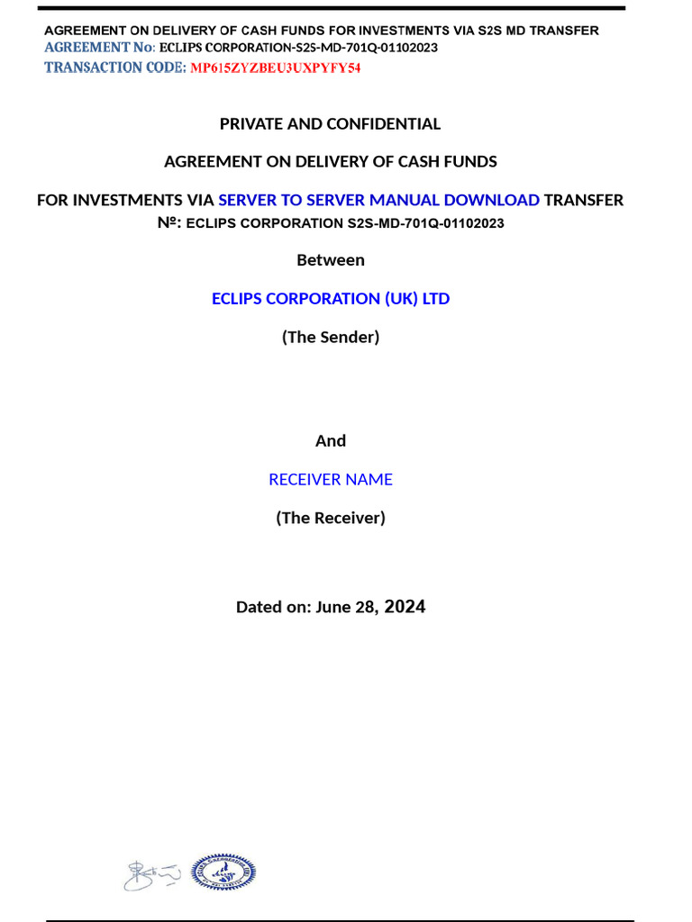 Eclips Corp Cash Fund Transfer Agreement | PDF | Wire Transfer | Banks