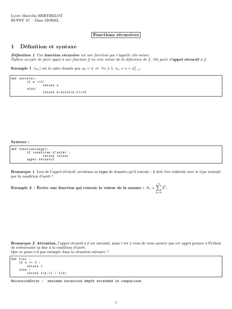 Introduction aux Fonctions Récursives en Python | PDF | Structure de ...
