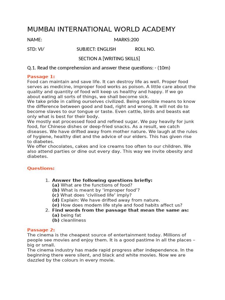 Class VI English Exam Paper | PDF | Art