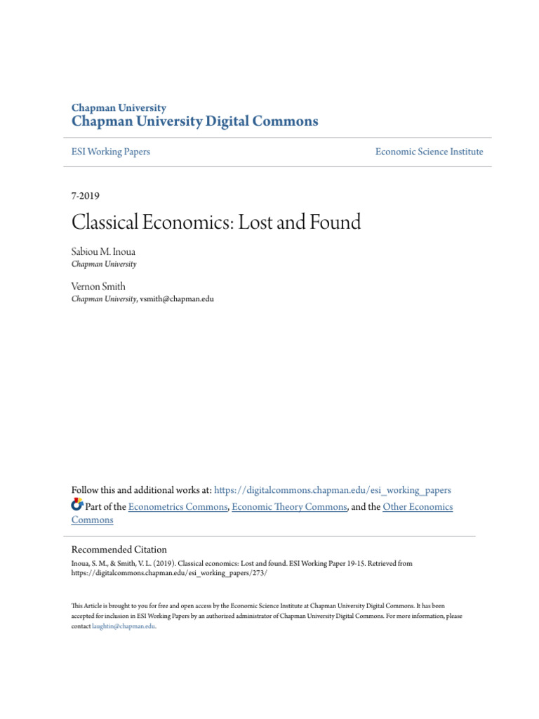 Inoua, Smith, 2019, Classical Economics - Lost and Found | PDF ...