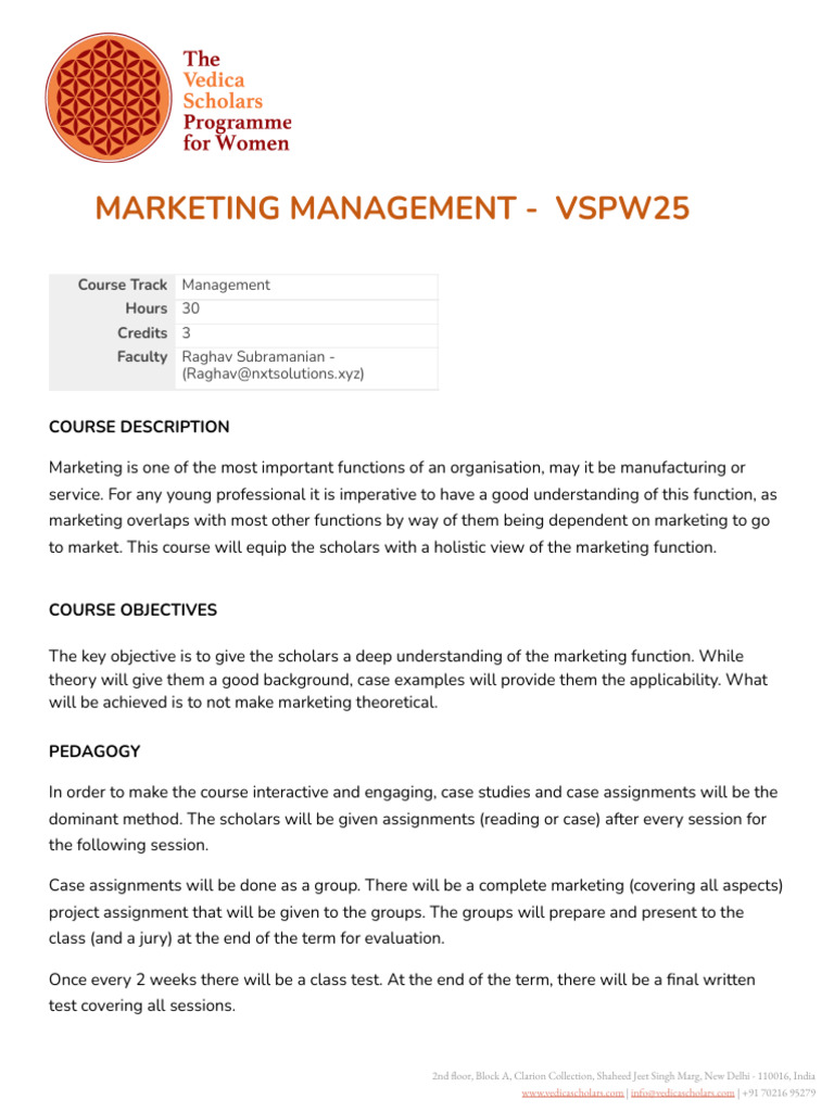 Course Outline - Marketing Management (VSPW25) | PDF | Marketing | Brand