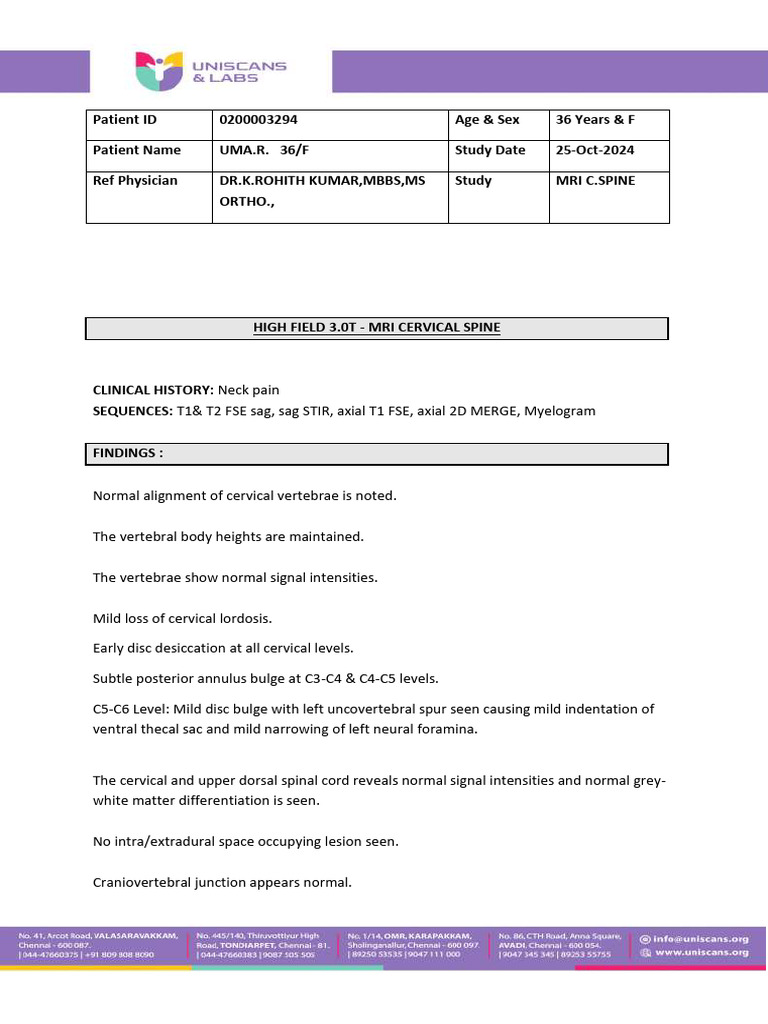 MRI Cervical Spine Report Summary | PDF