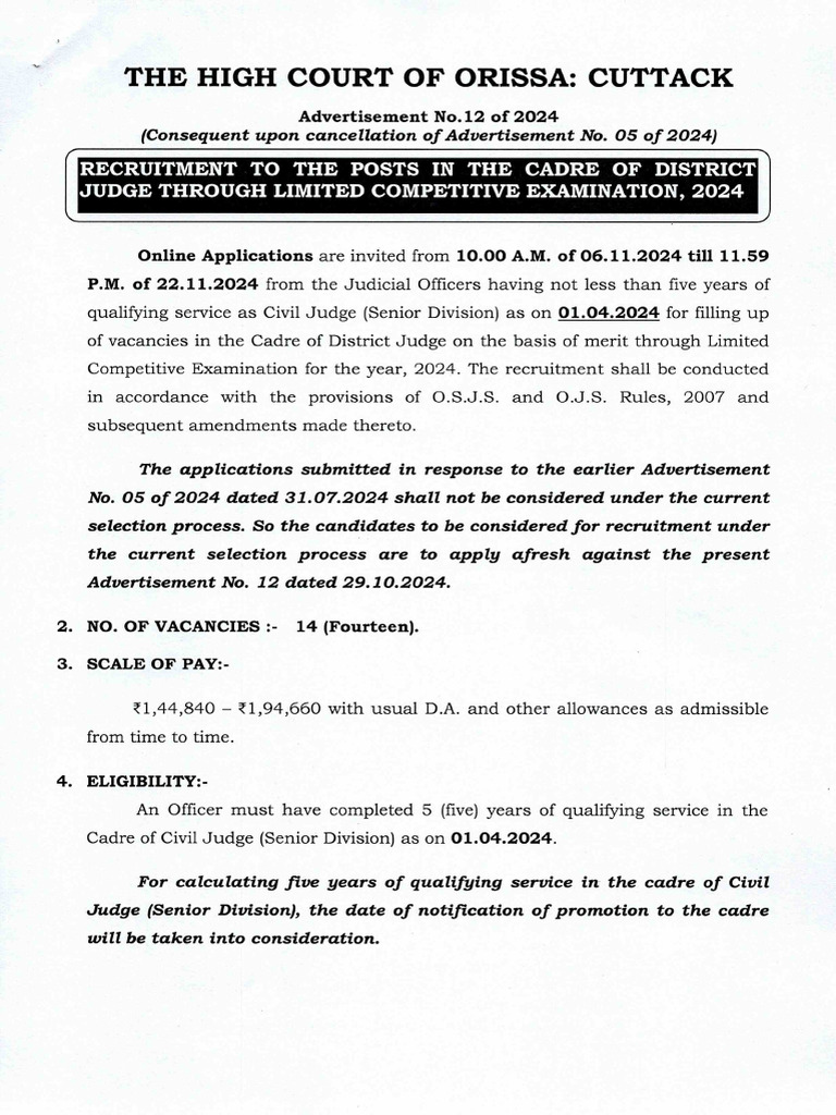 Notification Odisha High Court District Judge 12 of 2024 | PDF ...