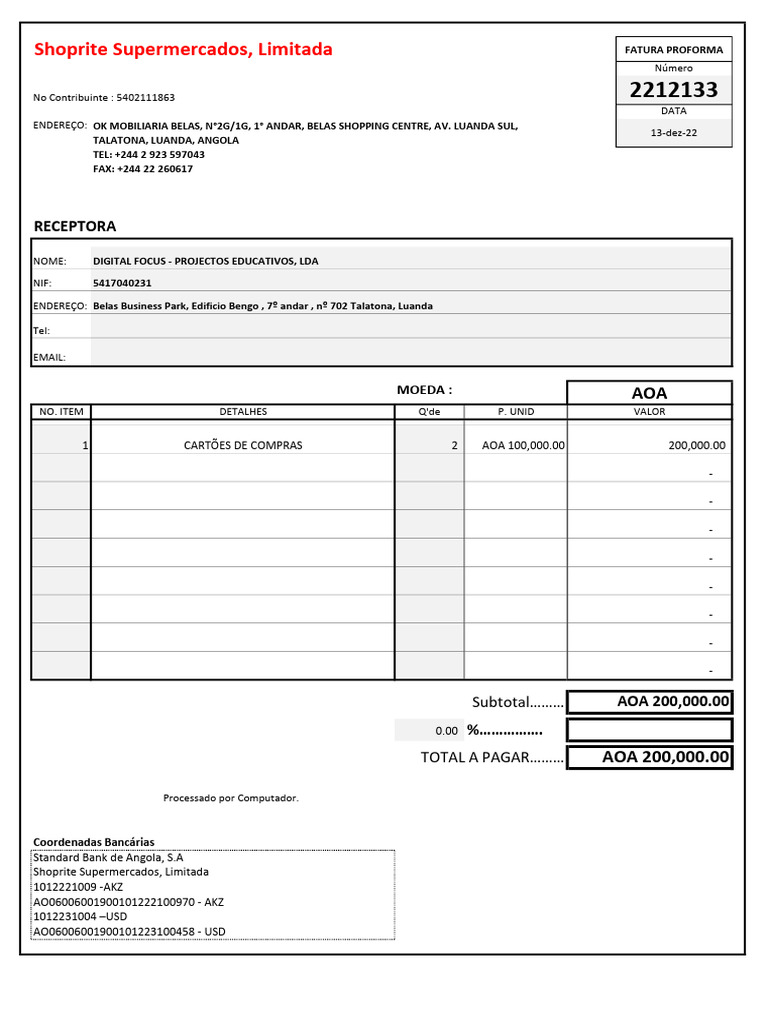 Fatura Proforma - Shoprite Angola | PDF