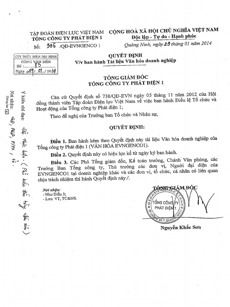 396 Qyd VV Ban Hanh Tai Lieu Van Hoa Doanh Nghiep Cua Evngenco1 | PDF
