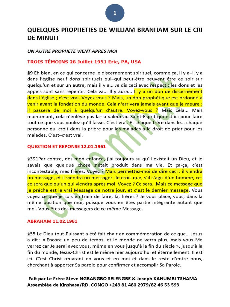 Quelques Propheties de William Branham | PDF | Dieu | Élie