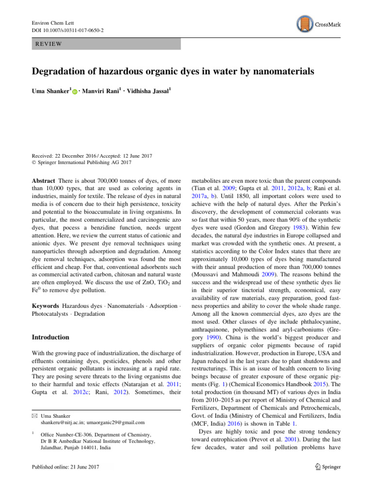 Degradation of Hazardous Organic Dyes in Water by Nanomaterials | PDF ...