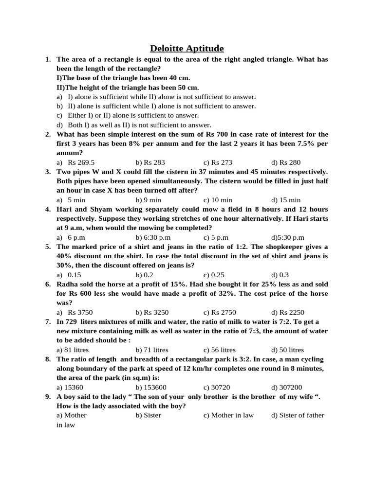 Deloitte Aptitude Test Questions | PDF | Triangle | Area
