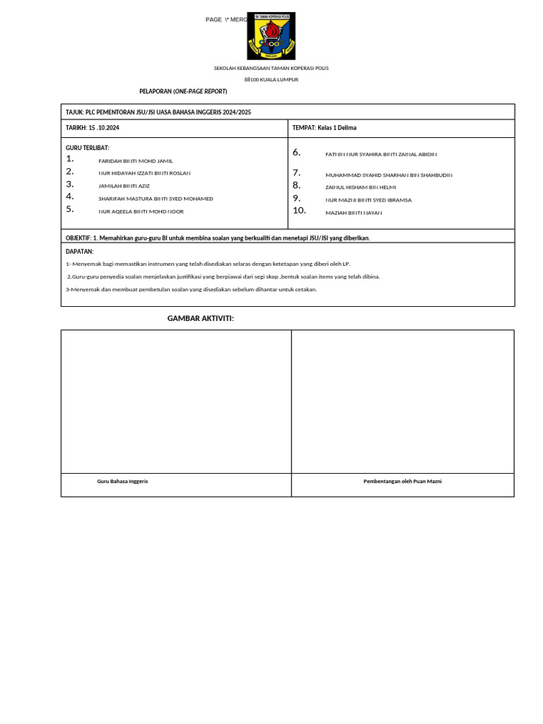 One Page Report - PLC Pementoran Jsu - Jsi Uasa Bi | PDF