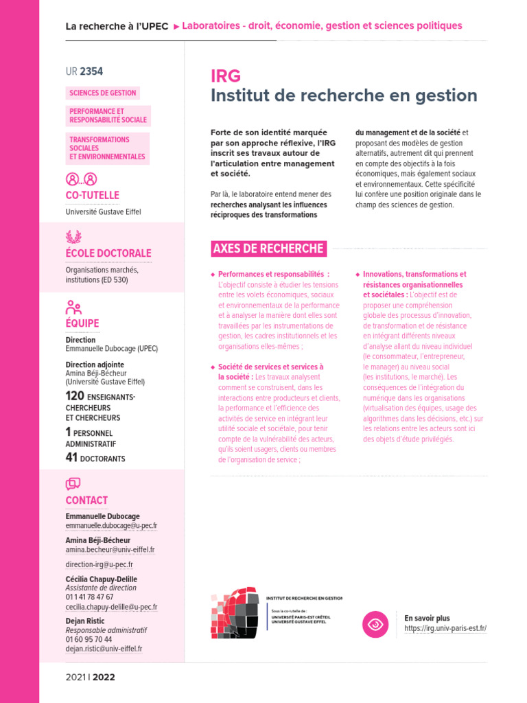 UPEC - Brochure Recherche - IRG | PDF | Business | Économie