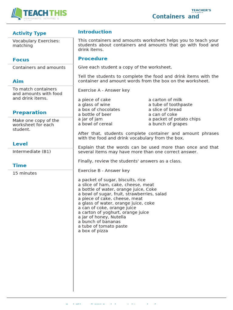 Containers and Amounts | PDF | Drink | Foods