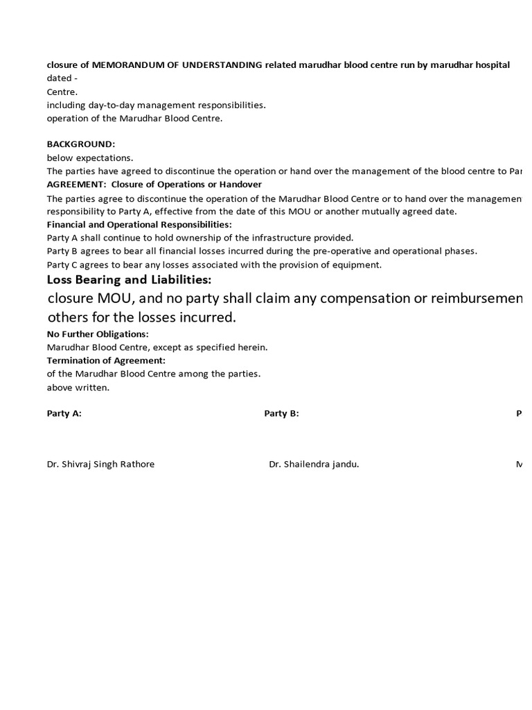 Closure of Marudhar Blood Centre MOU | PDF