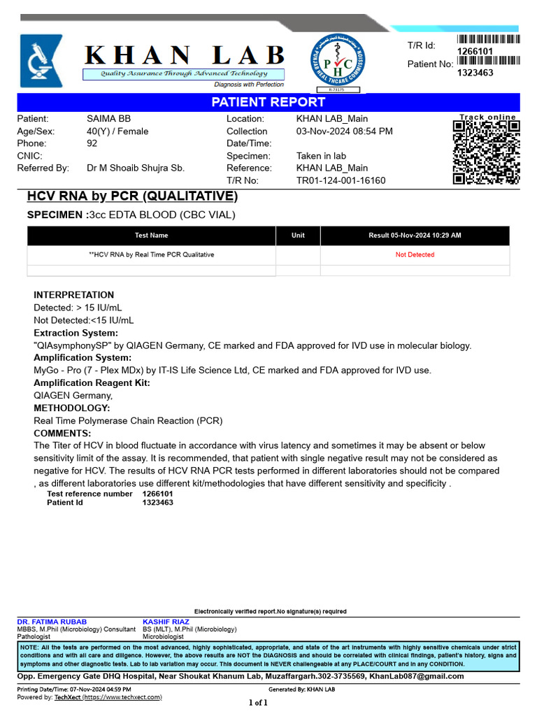HCV RNA PCR Test Results for Saima BB | PDF | Clinical Medicine ...
