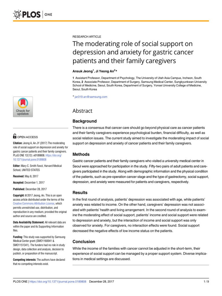 The Moderating Role of Social Support On Depression and Anxiety For ...