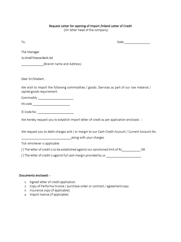 Import Letter of Credit Request Template | PDF | Letter Of Credit | Cargo