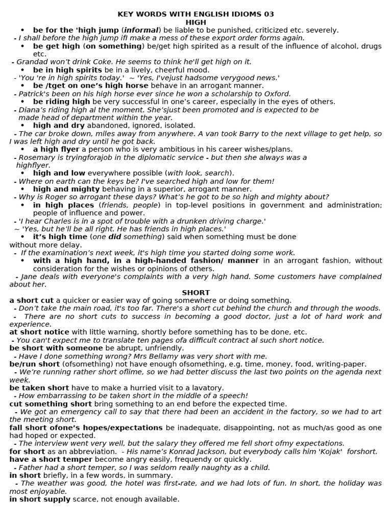 English Idioms with High and Short | PDF | Language Arts & Discipline ...